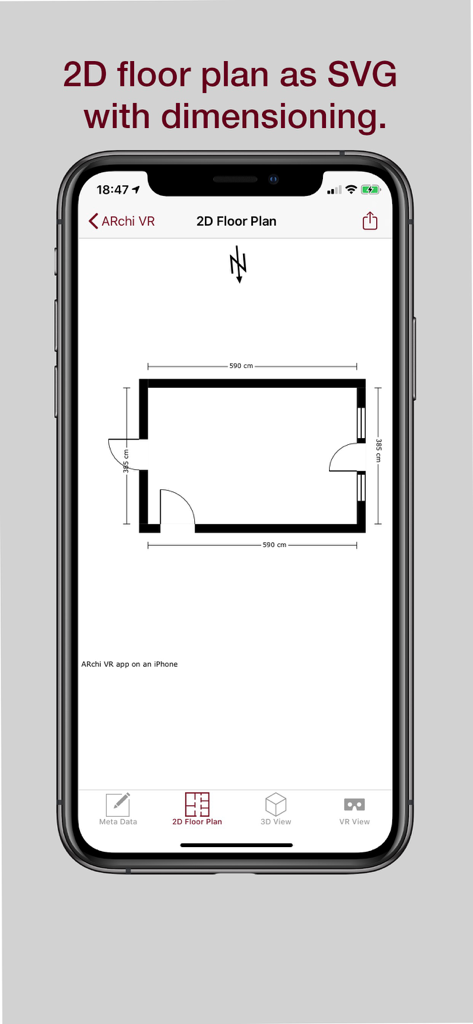 ARchi VR - Create & Browse AR - 2D floor plan with dimensions displayed on the ARchi VR app
