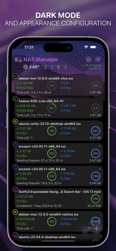 NASDL Manager - NASDL Manager app interface in dark mode showing active download tasks and system status on an iPhone