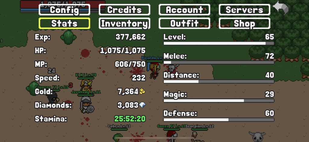 Rucoy Online - MMORPG - A screenshot of Rucoy Online showing the character stats menu with level and skill progression over pixel art gameplay.