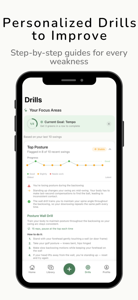 The Swing Sensei - A mobile screen showing personalized golf drills and swing progress tracking.