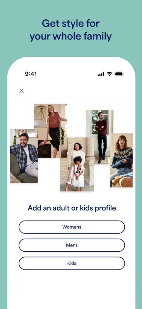 Stitch Fix - Personal Styling - Stitch Fix app screen for adding family profiles including women, men, and kids.