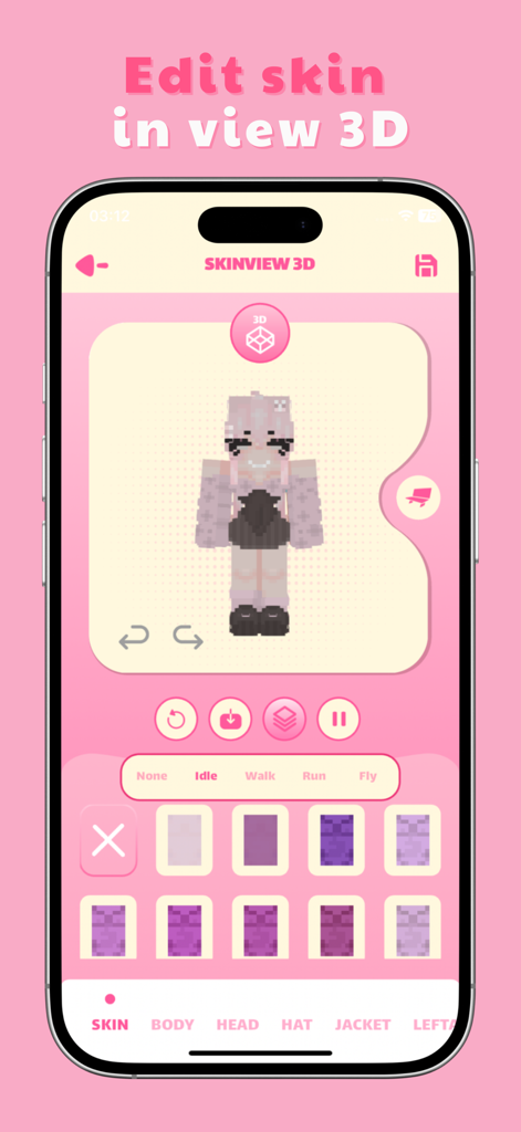 Prévia 3D de uma skin estética de Minecraft na interface do editor de skin pack