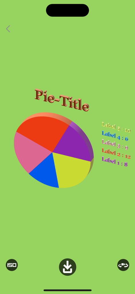 3D Chart Maker - A colorful 3D pie chart with data labels and title on a green background in the 3D Chart Maker app interface.