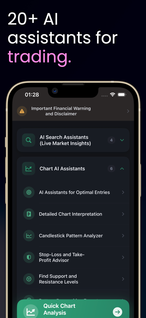 Mobile app screen showing a list of AI assistants for technical analysis and stock trading insights.