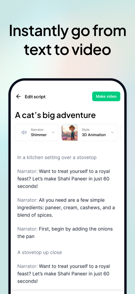 내레이터 및 스타일 선택을 통해 텍스트 스크립트를 AI 비디오로 변환하는 과정을 보여주는 Hypernatural 앱 화면