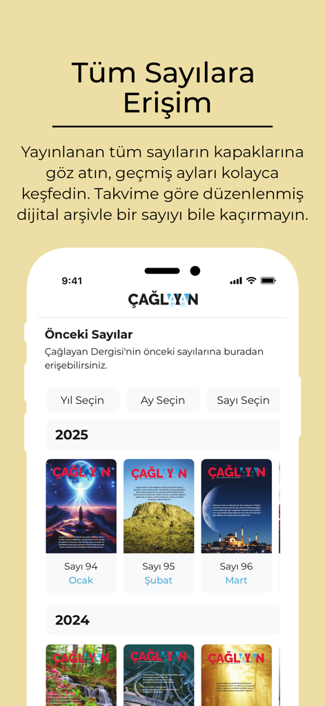 Çağlayan Dergisi - Pagina dell'archivio dell'app Caglayan Dergisi che mostra una collezione di copertine di riviste passate organizzate per anno e mese