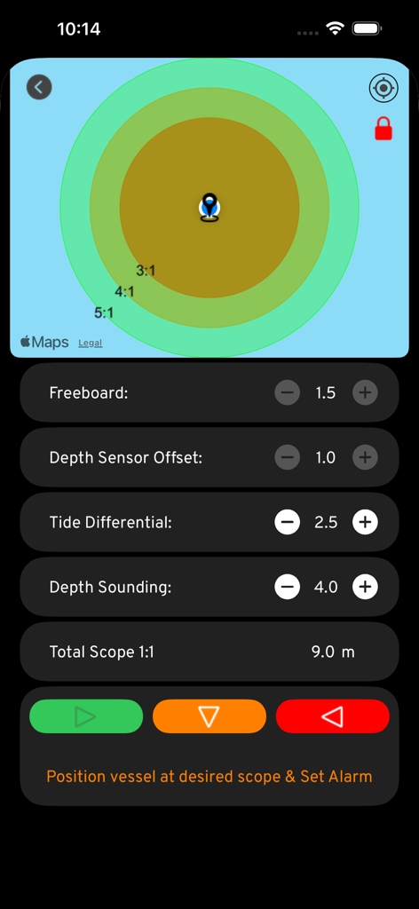 Anchor Plus - Interface of the Anchor Plus app showing scope calculation and setting the anchor alarm.
