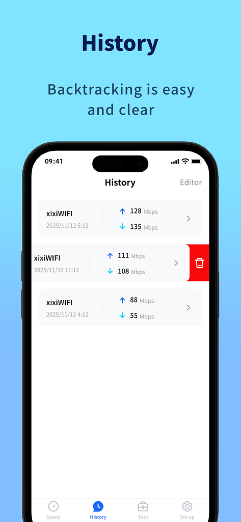 Speed Test - WIFI Analyser - Interface of the Speed Test app showing a list of previous WiFi speed test results and download speeds