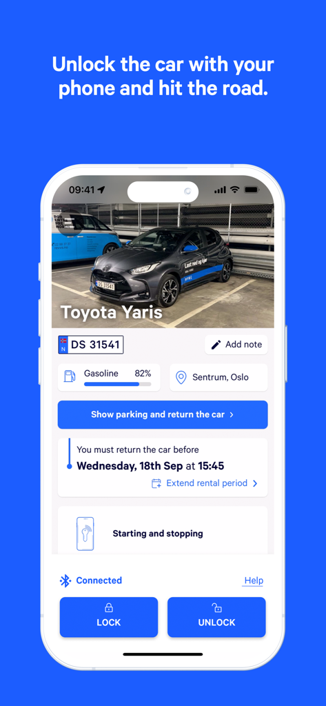 Hyre app interface showing an active Toyota Yaris rental with digital lock and unlock buttons