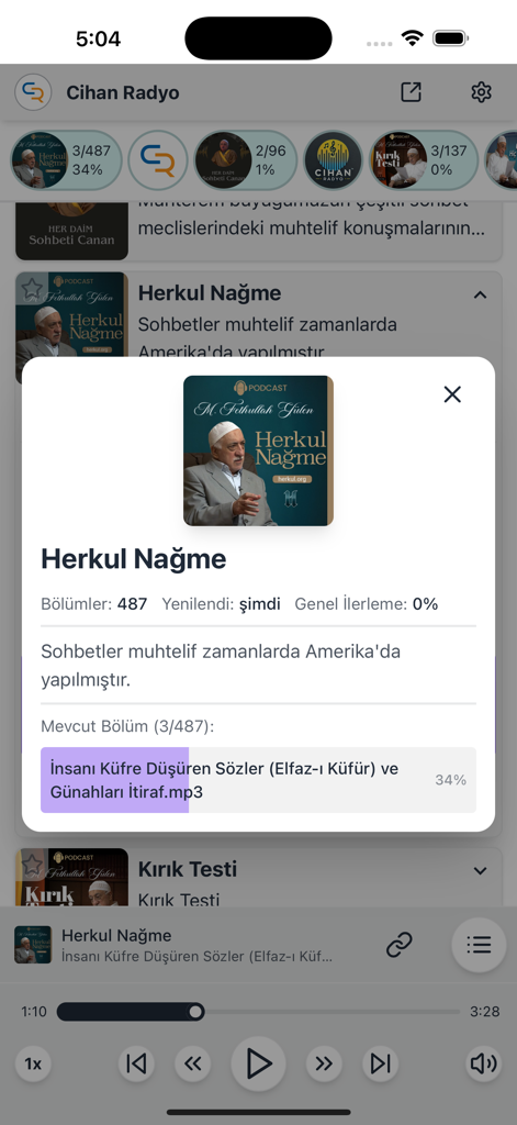 Cihan Radyo - Cihan Radyo mobile app showing the Herkul Nagme podcast player interface and audio controls