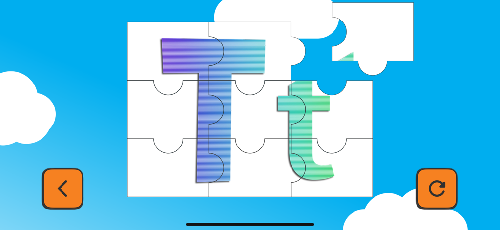 Puzzle interactif de la lettre T dans l'application éducative ABC pour enfants en français