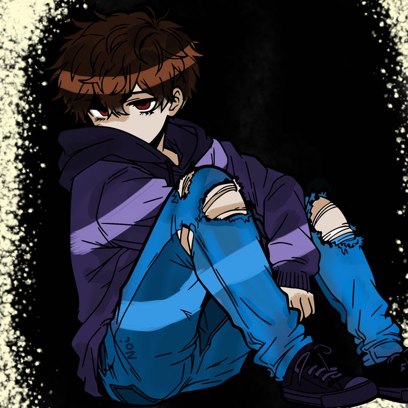 a male hoddie ripped jeans messy hair anime