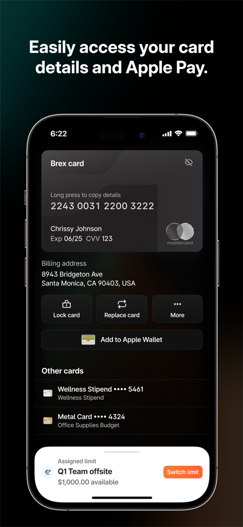 Brex mobile app screen displaying virtual corporate card details with an option to add to Apple Wallet