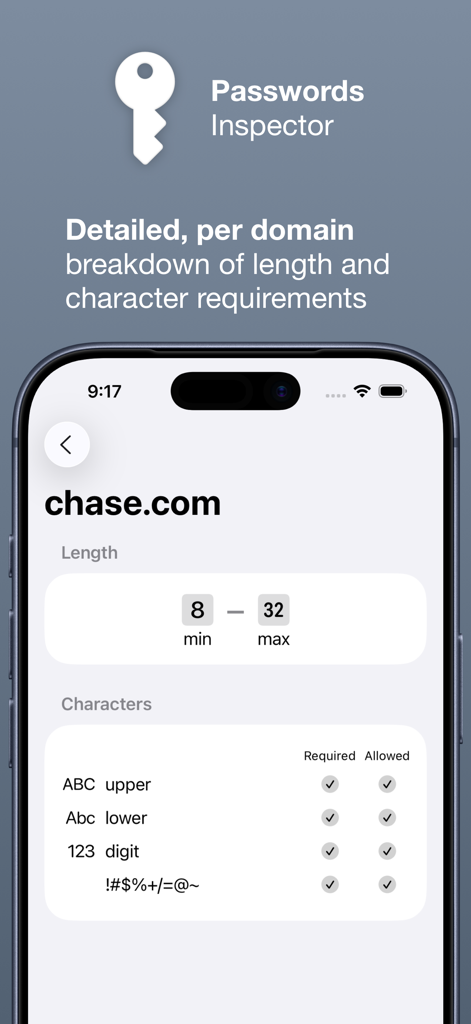 Passwords Inspector interface showing specific password length and character rules for chase.com