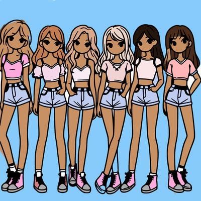 a group of girls wearing crop tops and shorts