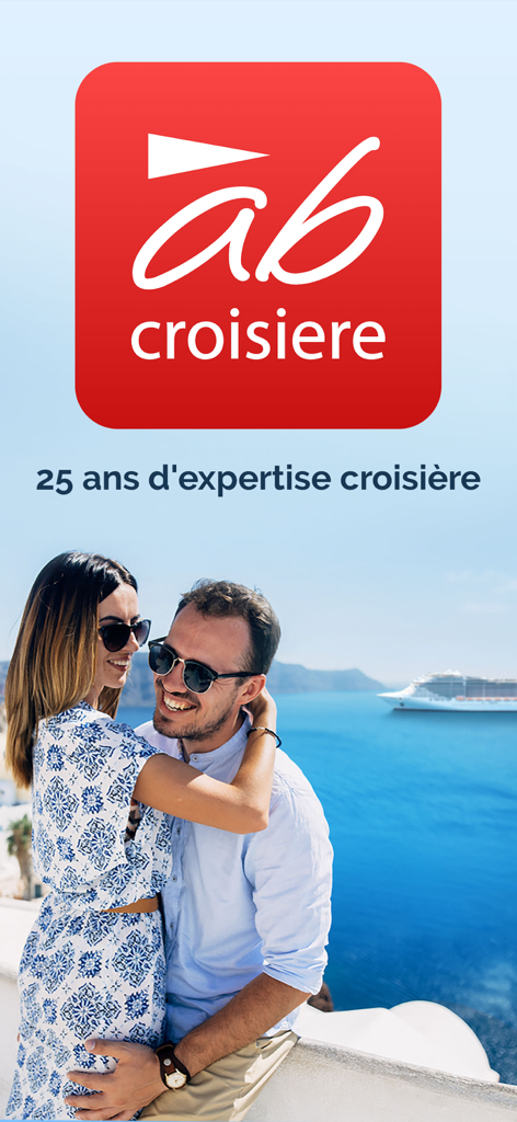 Abcroisiere - Logotipo de Abcroisiere y una pareja feliz contemplando un crucero en el Mediterráneo