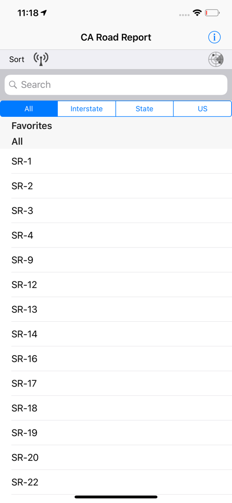 California Road Report - Interface of the California Road Report app displaying a list of state routes