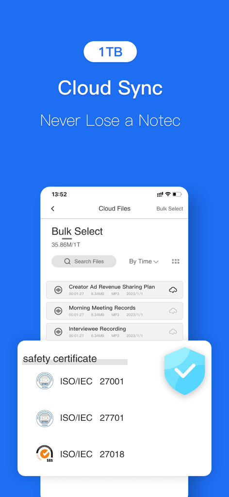 Speech To Text: Transcription - Screenshot showing the 1TB cloud sync and ISO safety certificates for the Speech To Text transcription app.