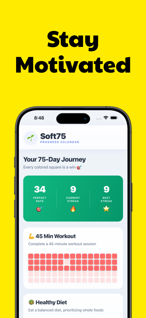 75 Soft Challenge - Tracker - 75 Soft Challenge app dashboard showing progress calendar streaks and workout tracking