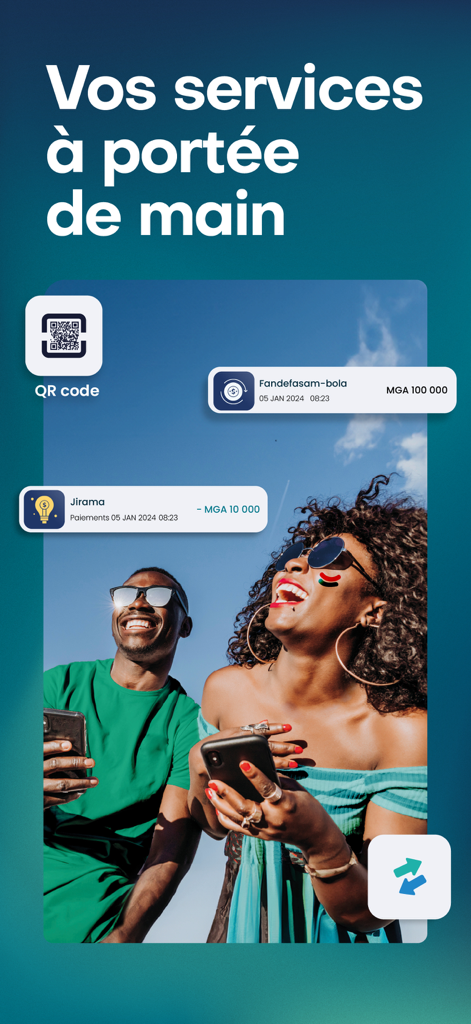 BNI - Un homme et une femme rient tout en utilisant des smartphones avec des icônes flottantes de l'application BNI pour les codes QR et l'historique des transactions