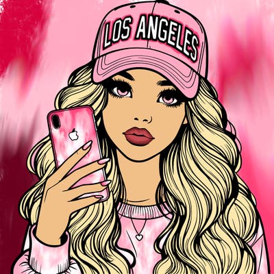 realistic beautiful girl wearing los ángeles cap holding an iphone