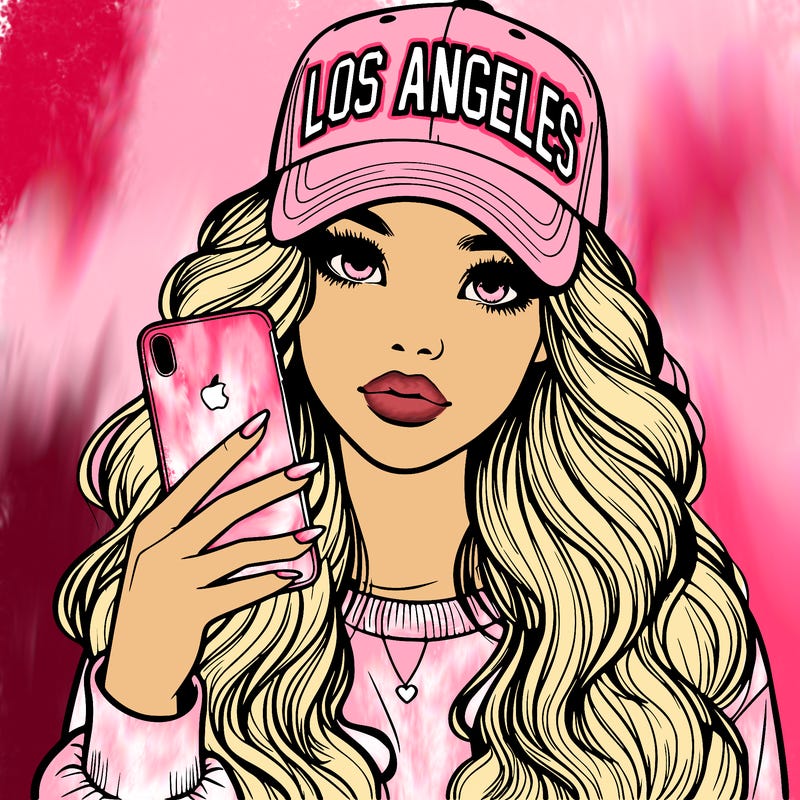 realistic beautiful girl wearing los ángeles cap holding an iphone