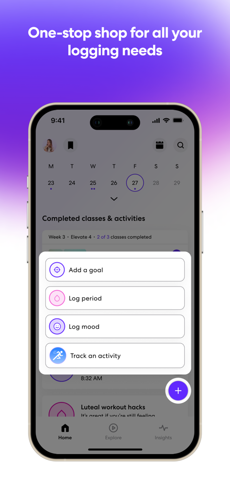 Interface of the obe fitness app displaying logging options for mood period and activity