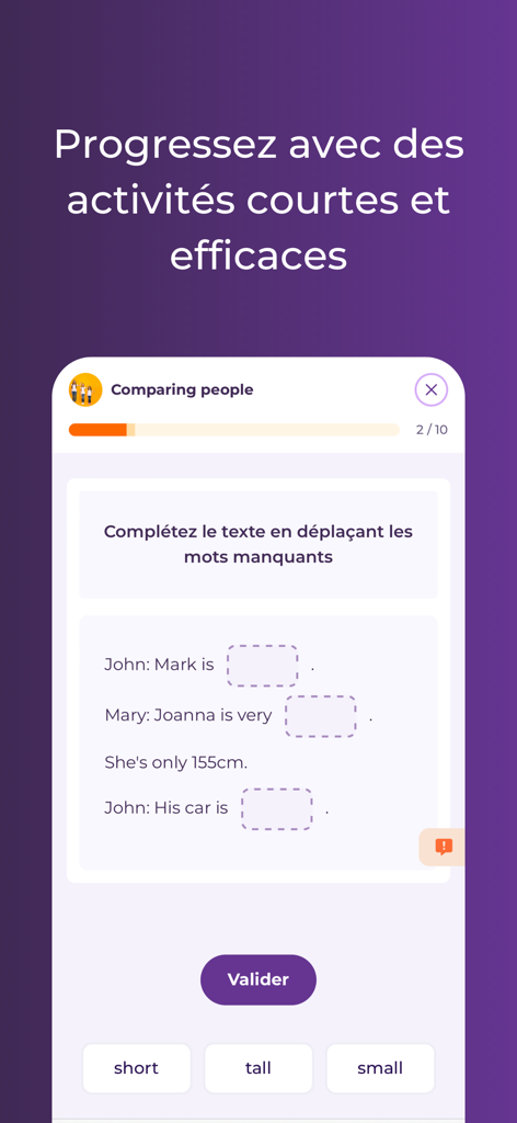 GlobalExam - Cours de langues - Écran de l'application GlobalExam montrant une activité d'apprentissage des langues courte et efficace intitulée "Comparer les personnes"