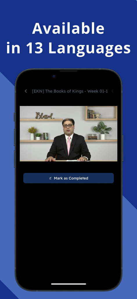 Uma tela de aplicativo móvel mostrando uma palestra de estudo bíblico em vídeo disponível em 13 idiomas