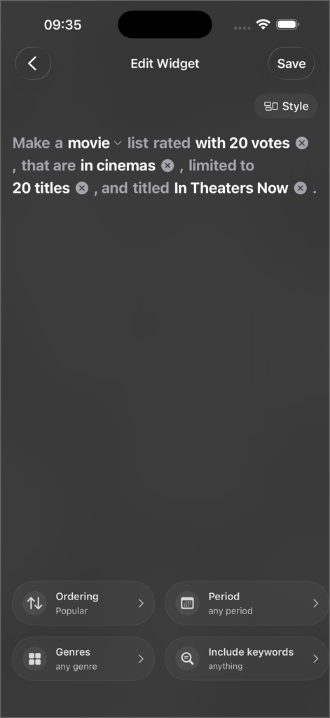 Interfaz de la aplicación Fusion Media Center mostrando la pantalla Editar Widget donde los usuarios pueden crear listas de películas personalizadas con reglas y filtros.