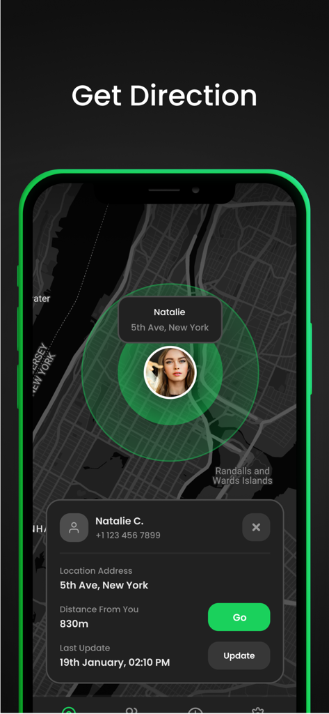 Vista de mapa en tiempo real en la aplicación Rastreador de Ubicación por Número que muestra la ubicación y distancia de un contacto