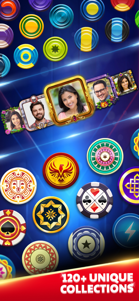 A display of over 120 unique strikers and decorative profile frames available in the Carrom King game