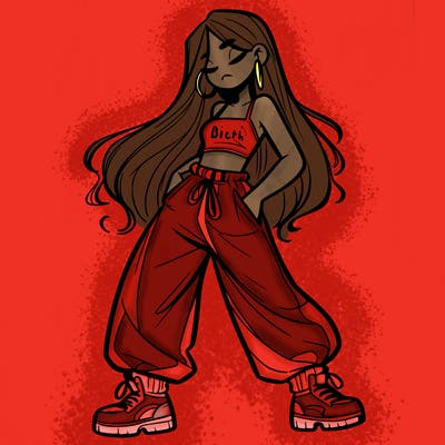 girl in baggy pants crop top and long hair