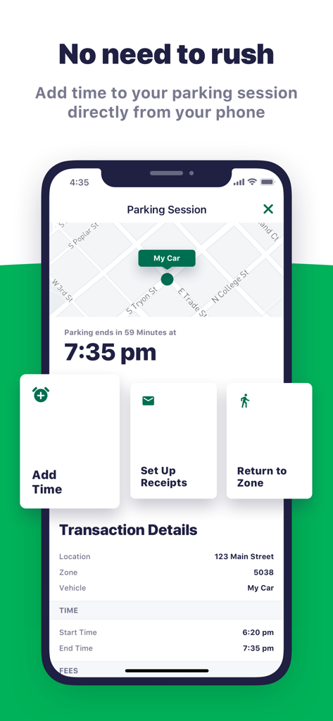 Green P - Interface of the Green P app displaying an active parking session with the option to remotely add time