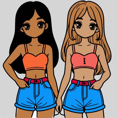two sisters with crop tops and jean shorts and straight hair