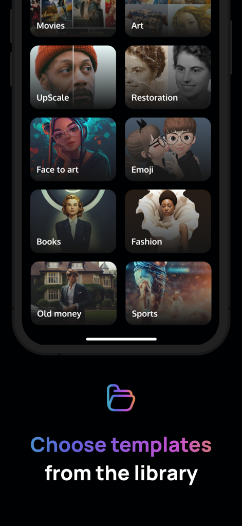 Toon Avatar Generator: AiShots - Oberfläche der AiShots-App mit verschiedenen KI-Avatar-Vorlagen und Kategorien