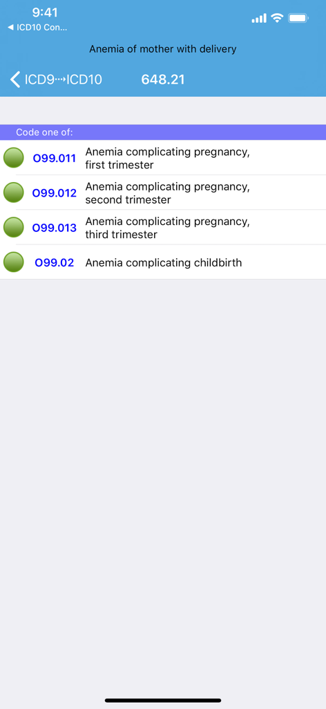 A screen from the ICD10 Consult app showing an ICD9 to ICD10 conversion for anemia in pregnancy.