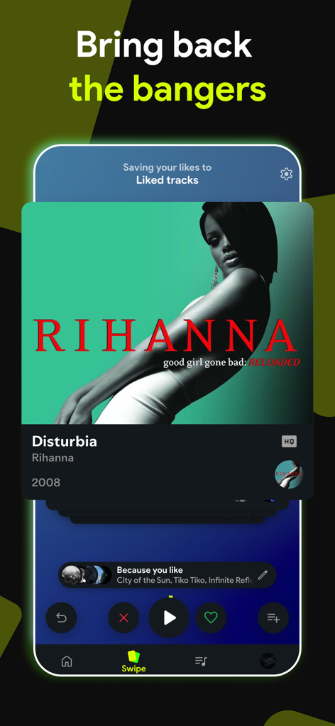 Swipefy app interface showing a music discovery card for Rihanna song with swipe to like or dislike buttons