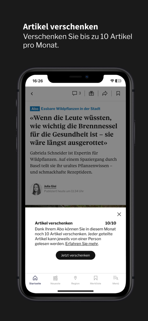 Tages-Anzeiger Nachrichten-App-Oberfläche, die ein Popup zum Verschenken eines Artikels mit einem Kontingent von zehn pro Monat anzeigt.