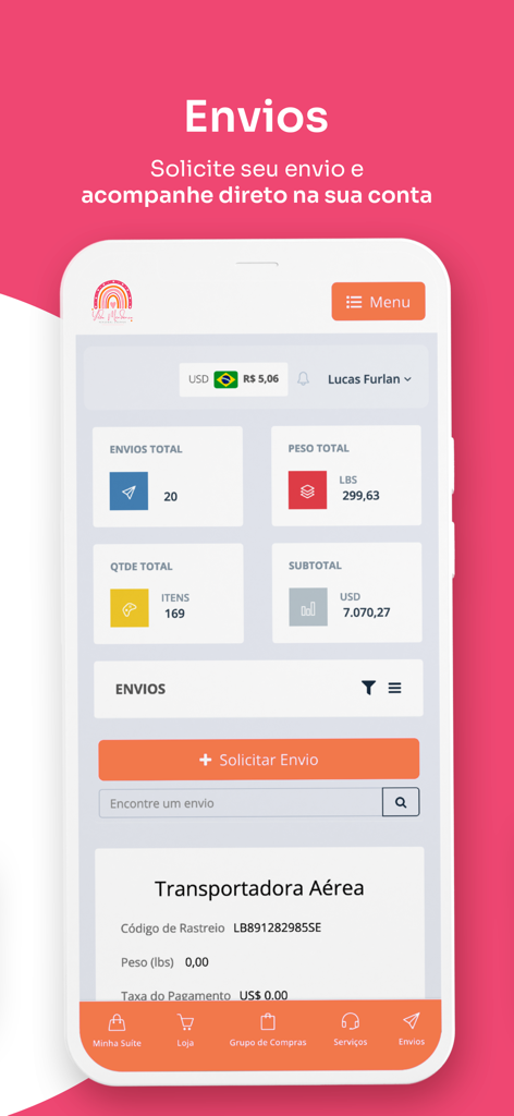 Visualização do painel do aplicativo Yeda Personal Shopper mostrando estatísticas de envio e detalhes de rastreamento