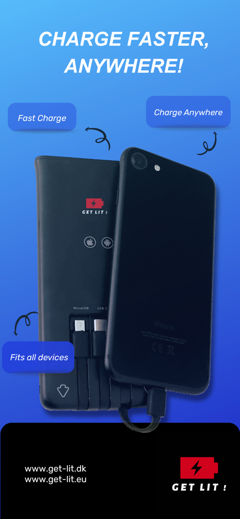 Get Lit portable power bank with built-in cables charging an iPhone