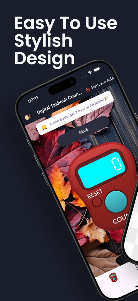 Interface of the Digital Tasbeeh Counter app showing a red digital clicker on an autumn leaves background with the text Easy To Use Stylish Design