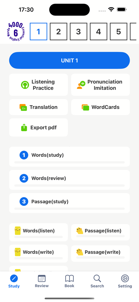 4000 Essential English Words ⑹ - El menú principal de la Unidad 1 de la aplicación 4000 Essential English Words que presenta modos de estudio para escuchar, pronunciar, traducir y escribir.