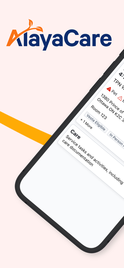 AlayaCare mobile app displaying caregiver service tasks and documentation details