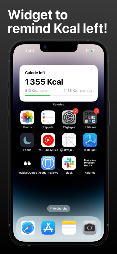 SnapKal: Photo Calorie Counter - iPhoneホーム画面に、残りの1日のカロリーが表示されているSnapKalアプリのウィジェット