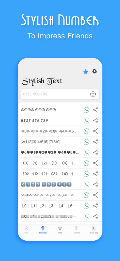 Interface mostrando diferentes estilos de números decorativos no aplicativo Stylish Fonts.