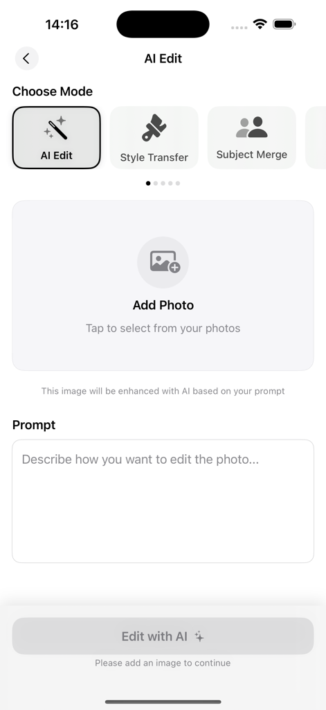The AI Edit screen of the ChatPic app featuring a photo upload box and a text prompt field to describe image edits