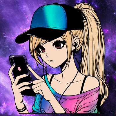 realistic girl with a long ponytail and trucker hat holding an iphone