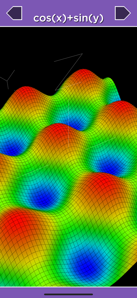 Un gráfico de superficie 3D colorido de la función matemática cos(x) más sin(y) en la aplicación Solve.