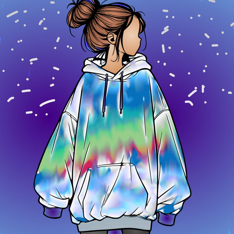 realistic girl with a oversized sweatshirt on and a bun